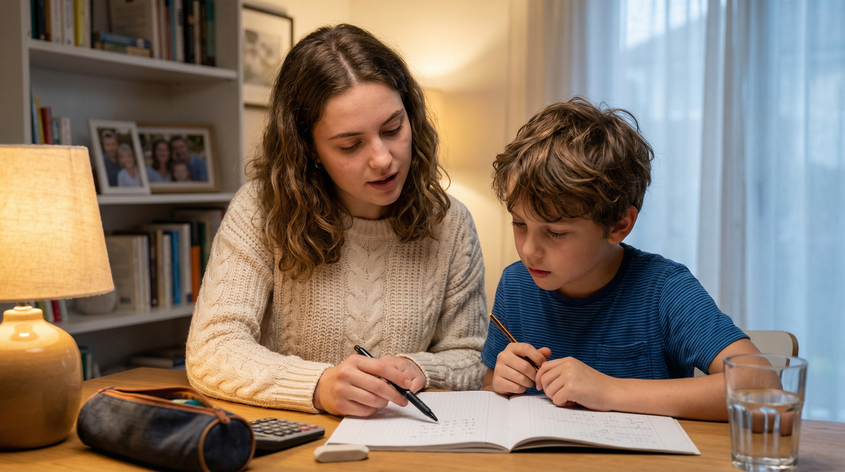 репетиторство для студентов: студент помогает мальчику решать задачи по математике дома